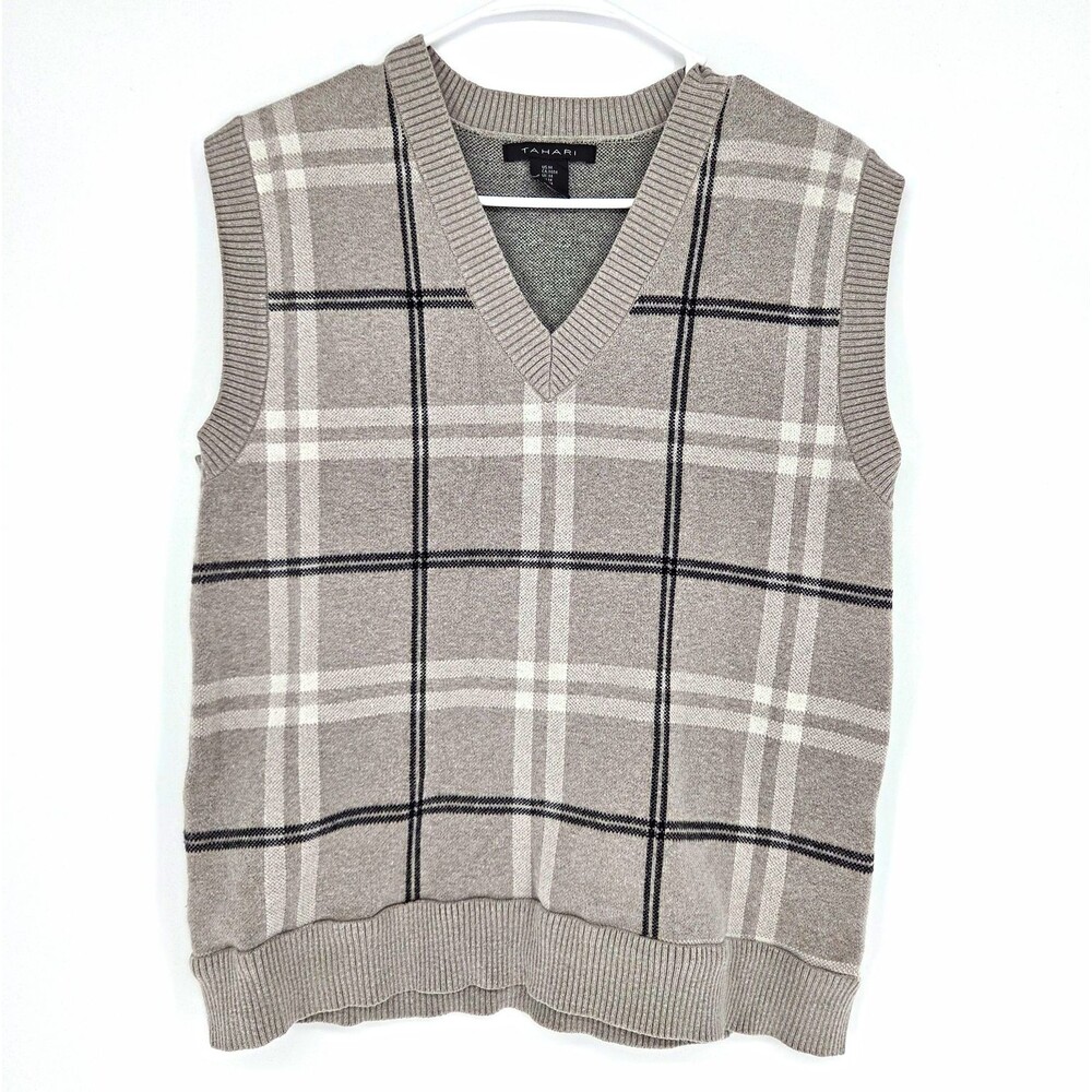 Tahari Sweater Vest Mens M Gray Plaid Knit V-Neck Sleeveless Regular Preppy Fall